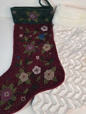 Christmas Stockings Set Glam Burgundy Green Beaded & White Fuzzy Sparkly Large